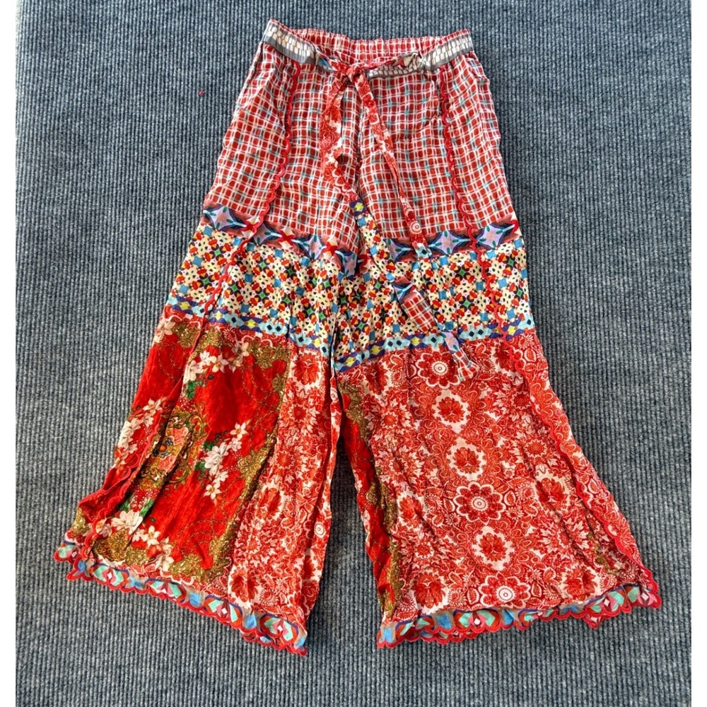 Johnny Was Red Patchwork Silk Blend Wide Leg Boho Pants Small